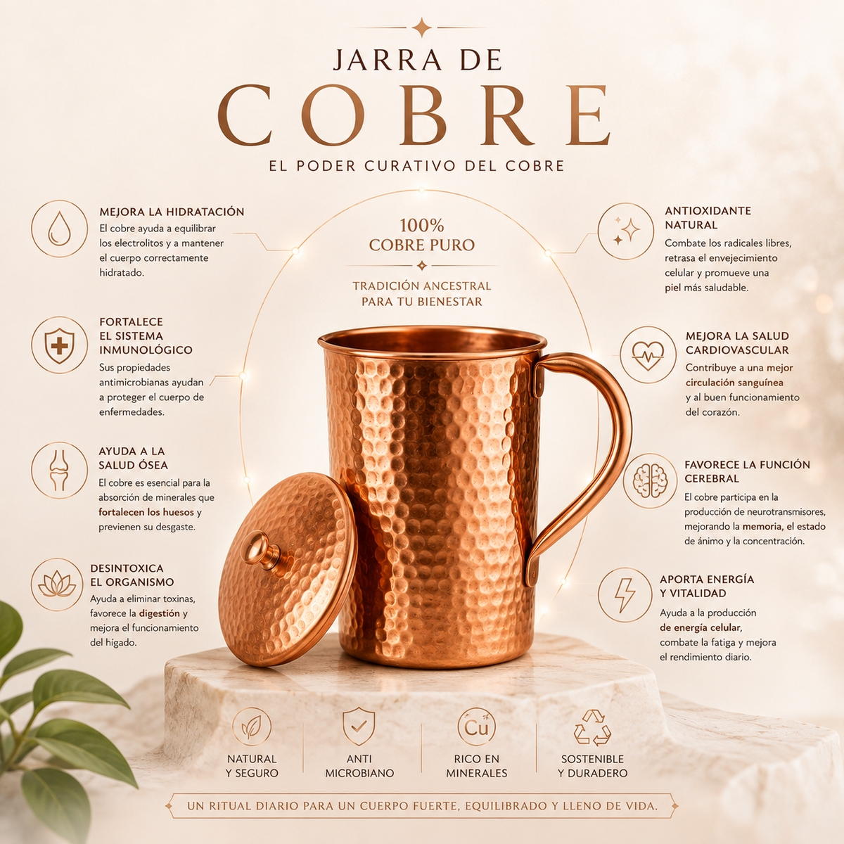 jarra purificadora de agua 1,5lt 100% cobre puro